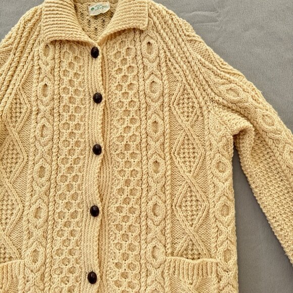 Vintage Irish Wool Sweater Hand Knit Cardigan Collar Ivory Chunky Fisherman READ - Picture 14 of 16